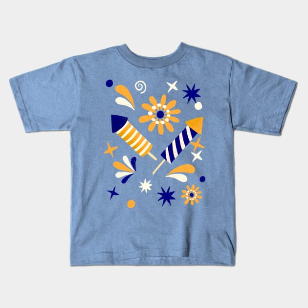 Blue and yellow retro fireworks Kids T-Shirt by Home Cyn Home 